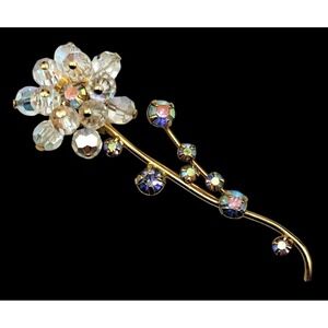 Vintage Crystal Rhinestone Fower Brooch Floral Pin Gold-Tone Long Stemmed Costum